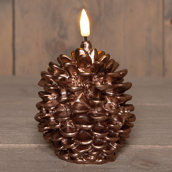 Led dennenappelkaars 8,5 x 10 cm | Brons | 3D vlam LCO00848 - 1