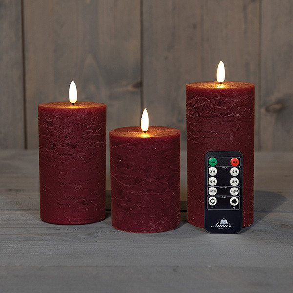 Anna Collection Led kaars 7,5 x 10 cm, 12,5 cm, 15 cm | Bordeaux | 3D vlam | 3 stuks  LCO00111 - 1