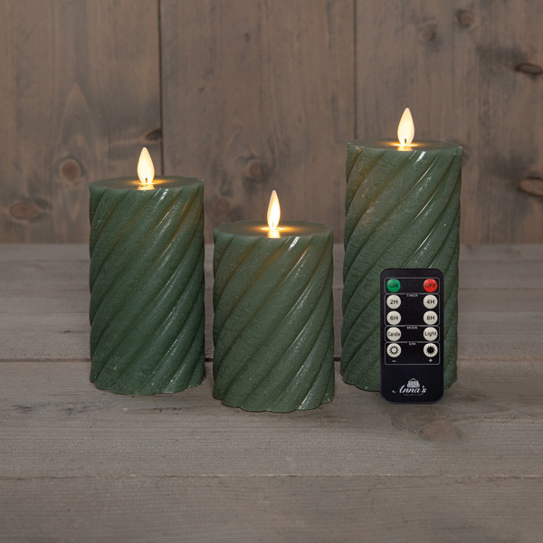 Anna Collection Led kaars 7,5 x 10 cm, 12,5 cm, 15 cm | Jade Groen | Swirl | Bewegende vlam | 3 stuks  LCO00386 - 1