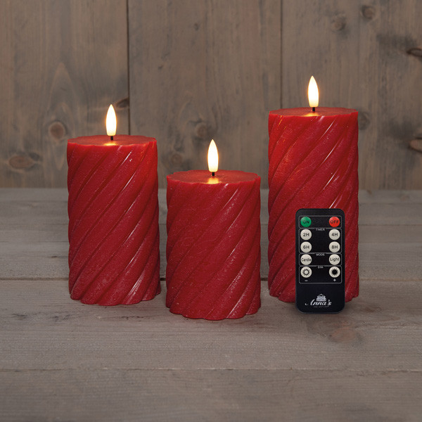 Anna Collection Led kaars 7,5 x 10 cm, 12,5 cm, 15 cm | Rood | Swirl | 3D vlam | 3 stuks  LCO00366 - 1