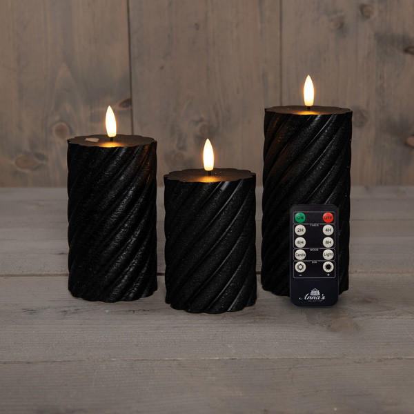 Anna Collection Led kaars 7,5 x 10 cm, 12,5 cm, 15 cm | Zwart | Swirl | 3D vlam | 3 stuks  LCO00371 - 1