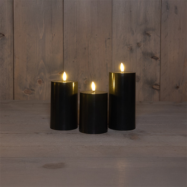 Anna Collection Led kaars voor buiten 7,5 x 10 cm, 12,5 cm, 15 cm | Zwart | 3D vlam | 3 stuks  LCO00442 - 1