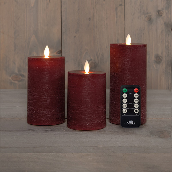 Oplaadbare led kaarsen 7,5 x 10 cm, 12,5 cm, 15 cm | Bordeaux | Bewegende vlam | 3 stuks LCO00580 - 1