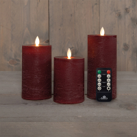 Oplaadbare led kaarsen 7,5 x 10 cm, 12,5 cm, 15 cm | Bordeaux | Bewegende vlam | 3 stuks LCO00580