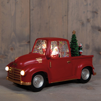 Waterlantaarn op batterijen | Pick-up truck met kerstboom | Glitterwater | 28.5 x 13 x 16.5 cm | Rood LCO00823