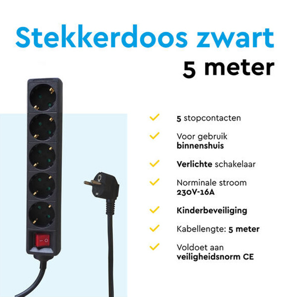 Stekkerdoos 5-voudig met schakelaar | 5 meter | Zwart LBR00029 - 4