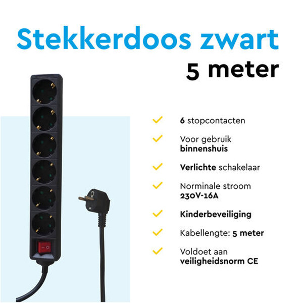 Stekkerdoos 6-voudig met schakelaar | 5 meter | Zwart LBR00034 - 5