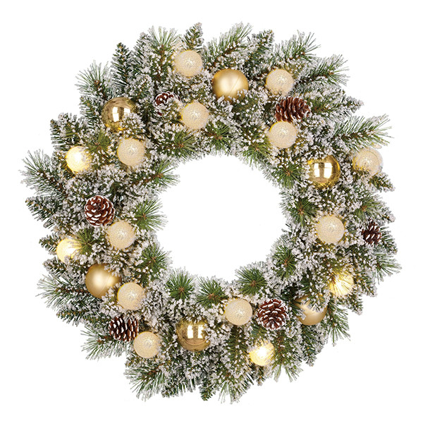 Kerstkrans Ø 60 cm | Kaprun | Besneeuwd | Gouden decoratie | 15 lampjes op batterijen | Black Box Trees LBB00242 - 1