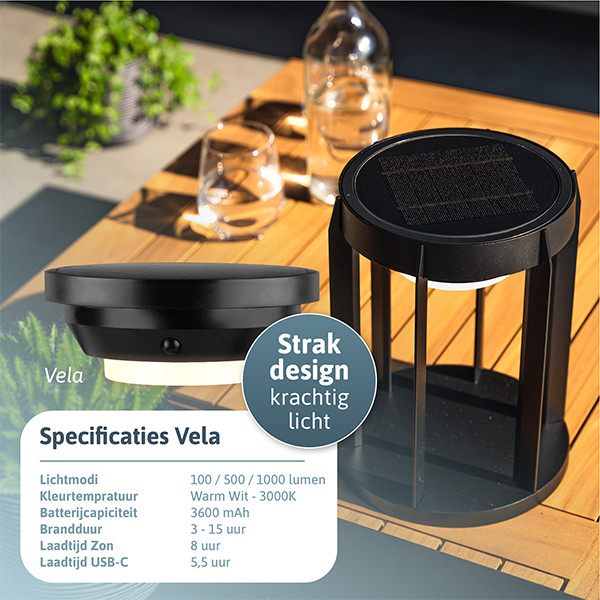 Oplaadbare solar tafellamp | Vela & Draco | 3000K | Dimbaar | 1000 lumen | IP65 | Zwart LDR07365 - 2