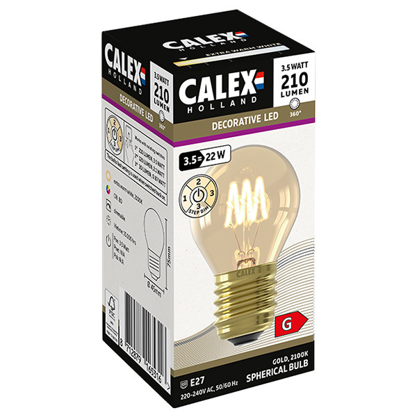 Calex LED lamp E27 | Kogel P45 | Filament | Goud | 2100K | 3-staps dimbaar | 3.5W (22W) LCA01209 - 3