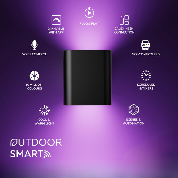 Calex Smart wandlamp buiten | Rechthoek | RGB + 2700-6500K | IP54 | Zwart | Bluetooth | 4.9W LCA01252 - 2