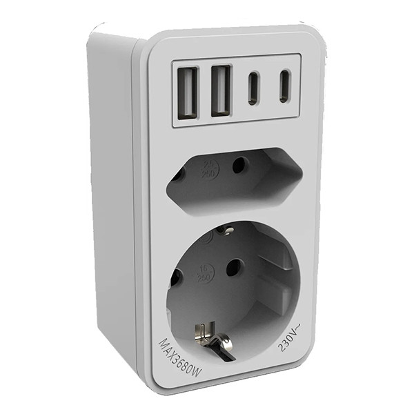 Calex adapterstekker | Type F, Type C, USB-A, USB-C | Geschikt voor Nederland | Wit LCA01263 - 1