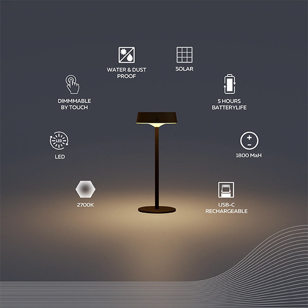 Calex oplaadbare solar tafellamp | Parma | 2700K | Dimbaar | 150 lumen | IP67 | 2.2W | Zwart  LCA01174 - 2