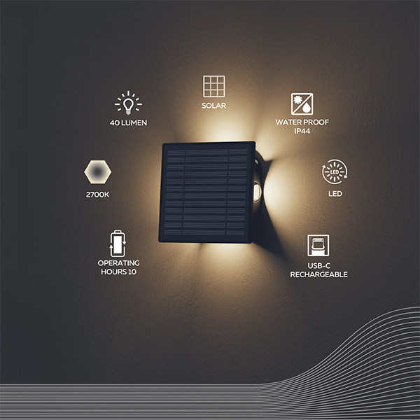 Calex oplaadbare solar wandlamp | Altamura | Vierkant | 2700K | 40 lumen | IP44 | 0.6W | Zwart  LCA01172 - 2