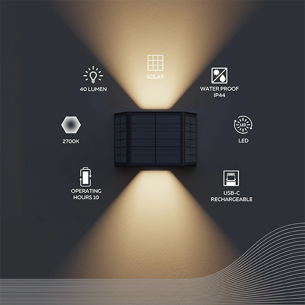 Calex oplaadbare solar wandlamp | Caserta | Up & Down | Vierkant | 2700K | 40 lumen | IP44 | 0.5W | Zwart  LCA01170 - 2