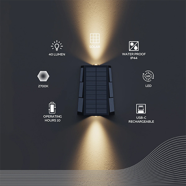 Calex oplaadbare solar wandlamp | Matera | Up & Down | Rechthoek | 2700K | 85 lumen | IP44 | 1.6W | Zwart  LCA01171 - 2