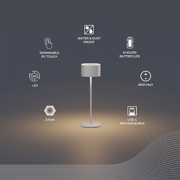 Calex oplaadbare tafellamp | Serino | 2700K | Dimbaar | 90 lumen | IP44 | 2W | Zand  LCA01159 - 2