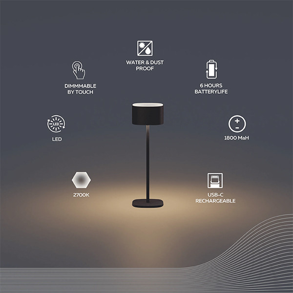 Calex oplaadbare tafellamp | Serino | 2700K | Dimbaar | 90 lumen | IP44 | 2W | Zwart  LCA01158 - 2