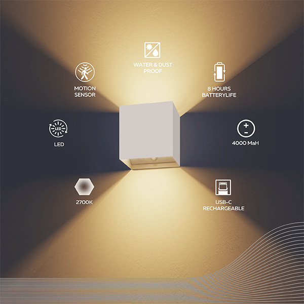 Calex oplaadbare wandlamp buiten | Volterra | Up & Down | Vierkant | 2700K | 170 lumen | IP44 | 1.5W | Wit  LCA01155 - 2