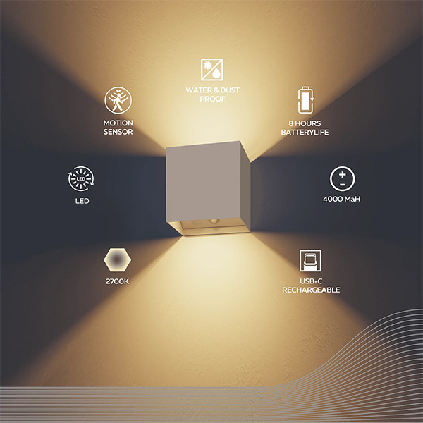 Calex oplaadbare wandlamp buiten | Volterra | Up & Down | Vierkant | 2700K | 170 lumen | IP44 | 1.5W | Zand  LCA01156 - 2