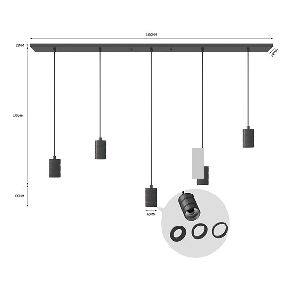 Calex pendels E27 | 5 stuks met plafondplaat | 133 cm | Zwart  LCA00872 - 3