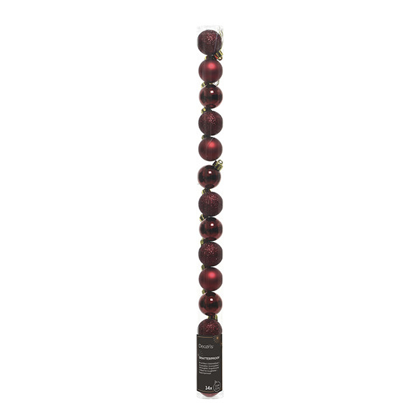 Kerstballen | Ø 3 cm | Glanzend, mat en glitter | Ossenbloed | 14 stuks | Decoris LLU00333 - 1