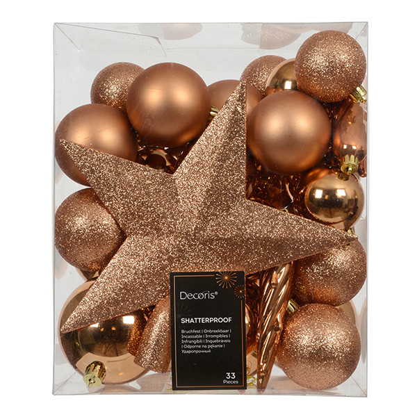 Kerstballenset met piek | Ø 8 cm | Glanzend, mat en glitter | Brandy | 33 stuks | Decoris LLU00531 - 1