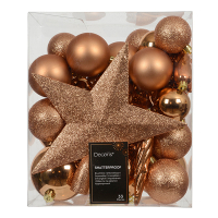 Kerstballenset met piek | Ø 8 cm | Glanzend, mat en glitter | Brandy | 33 stuks | Decoris LLU00531