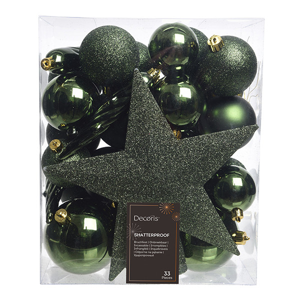Kerstballenset met piek | Ø 8 cm | Glanzend, mat en glitter | Dennengroen | 33 stuks | Decoris LLU00536 - 1