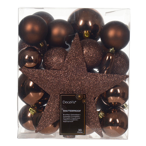 Kerstballenset met piek | Ø 8 cm | Glanzend, mat en glitter | Espresso | 33 stuks | Decoris LLU00537 - 1
