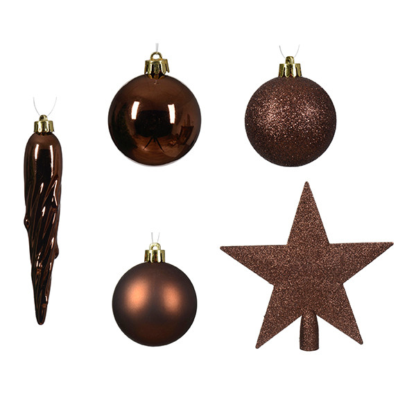 Kerstballenset met piek | Ø 8 cm | Glanzend, mat en glitter | Espresso | 33 stuks | Decoris LLU00537 - 2