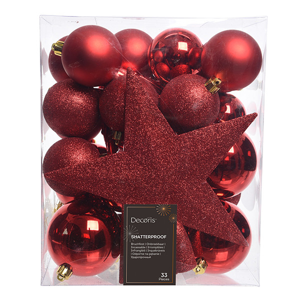 Kerstballenset met piek | Ø 8 cm | Glanzend, mat en glitter | Kerstrood | 33 stuks | Decoris LLU00533 - 1