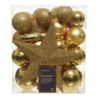 Kerstballenset met piek | Ø 8 cm | Glanzend, mat en glitter | Licht goud | 33 stuks | Decoris LLU00532