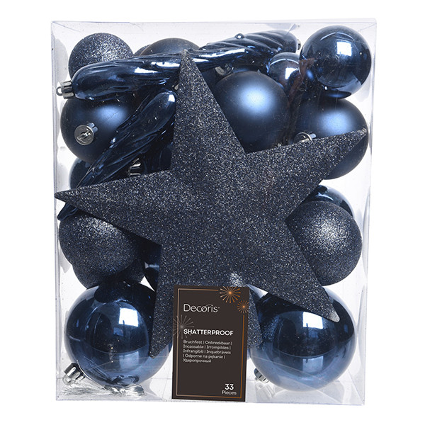 Kerstballenset met piek | Ø 8 cm | Glanzend, mat en glitter | Nachtblauw | 33 stuks | Decoris LLU00539 - 1