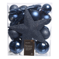 Kerstballenset met piek | Ø 8 cm | Glanzend, mat en glitter | Nachtblauw | 33 stuks | Decoris LLU00539