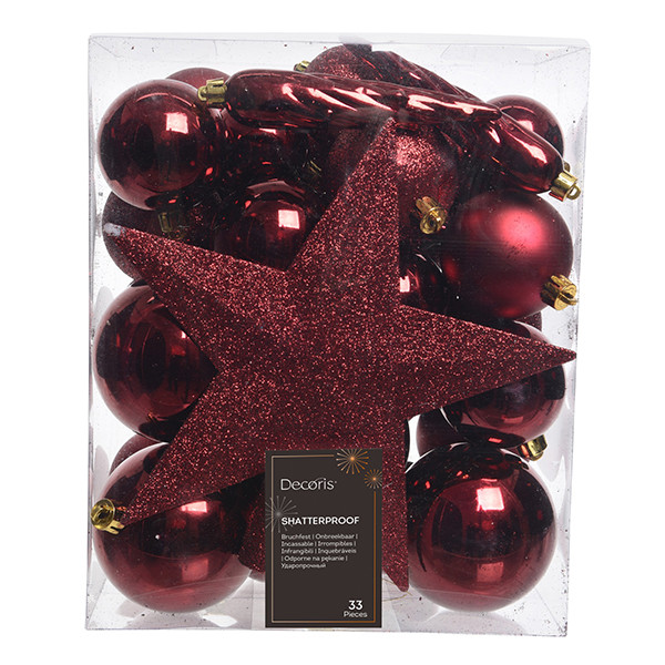 Kerstballenset met piek | Ø 8 cm | Glanzend, mat en glitter | Ossenbloed | 33 stuks | Decoris LLU00538 - 1
