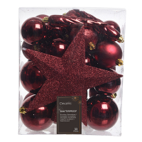 Kerstballenset met piek | Ø 8 cm | Glanzend, mat en glitter | Ossenbloed | 33 stuks | Decoris LLU00538