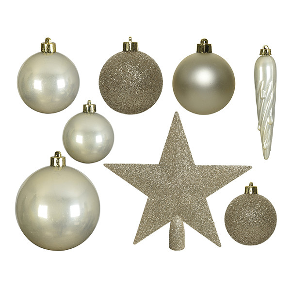 Kerstballenset met piek | Ø 8 cm | Glanzend, mat en glitter | Parel | 33 stuks | Decoris LLU00534 - 2