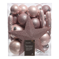 Kerstballenset met piek | Ø 8 cm | Glanzend, mat en glitter | Poederroze | 33 stuks | Decoris LLU00535
