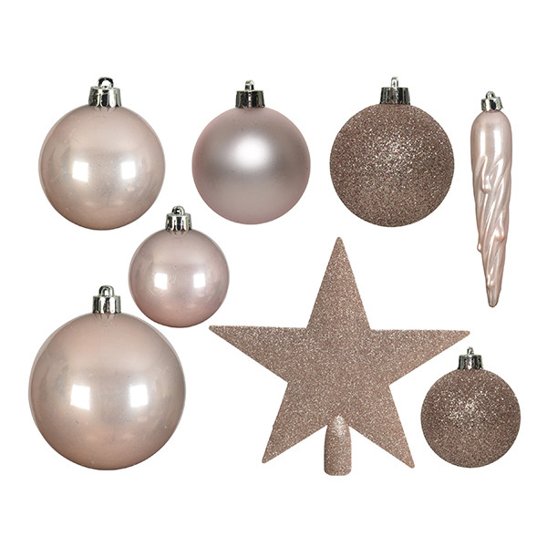 Kerstballenset met piek | Ø 8 cm | Glanzend, mat en glitter | Poederroze | 33 stuks | Decoris LLU00535 - 2
