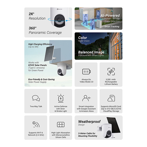 Ezviz HB8 Lite Outdoor Kit | Battery Camera incl. Solar Panel | 2K | Wit LEZ00047 - 8