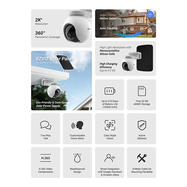Ezviz HB8 Pro Outdoor Kit | Battery Camera incl. Solar Panel | 4K | Wit LEZ00048 - 9