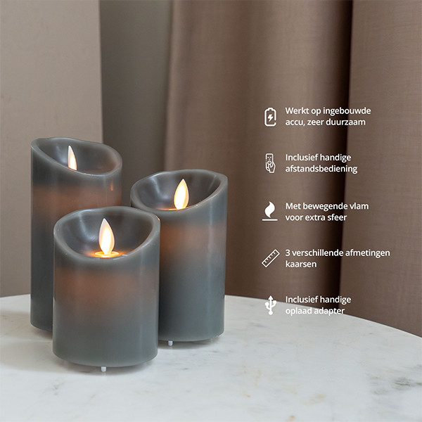 FlinQ Led kaars 7.5 x 10, 12.5, 15 cm | Antraciet | Bewegende vlam | 3 stuks LFL00024 - 4