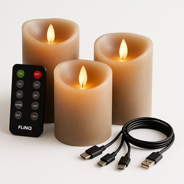 FlinQ Led kaars 7.5 x 10, 12.5, 15 cm | Taupe | Bewegende vlam | 3 stuks LFL00025 - 1