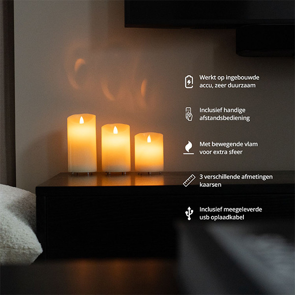 FlinQ Led kaars 7.5 x 10, 12.5, 15 cm | Wit | Bewegende vlam | 3 stuks LFL00023 - 3