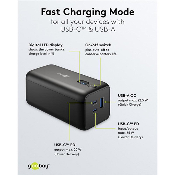 Laptop Powerbank | 20.000 mAh | 2x USB-C, 1x USB-A | Power Delivery | Zwart LDR03683 - 6