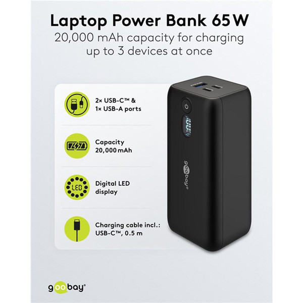 Laptop Powerbank | 20.000 mAh | 2x USB-C, 1x USB-A | Power Delivery | Zwart LDR03683 - 8