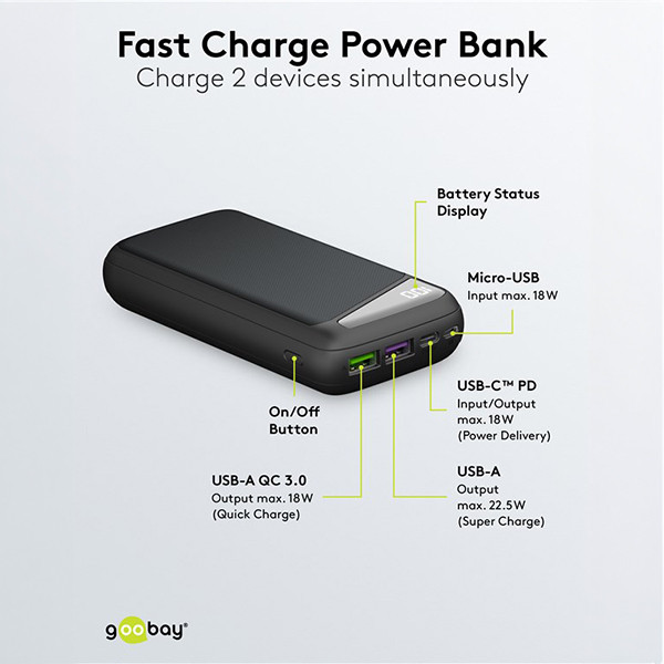 Powerbank | 20.000 mAh | 2x USB-A, 1x USB-C | Power Delivery | Max. 18W | Zwart LDR03653 - 5
