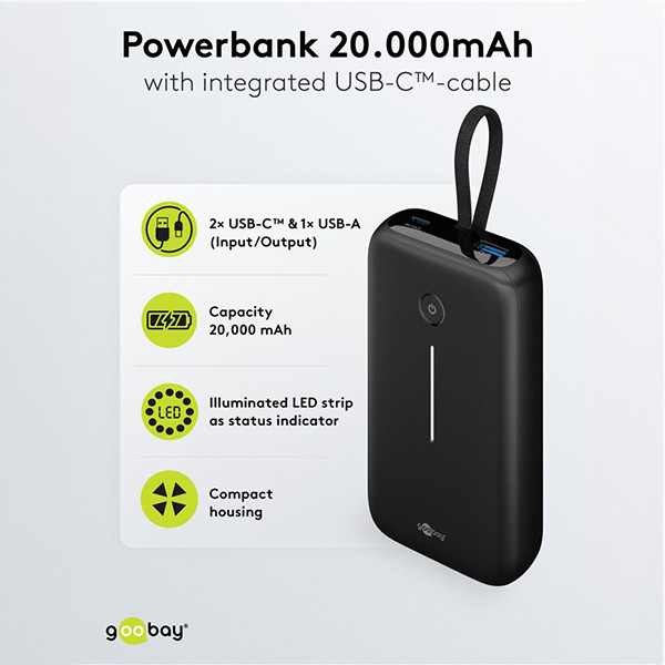 Powerbank met USB-C kabel | 20.000 mAh | 1x USB-A, 1x USB-C | Max. 30W | Zwart LDR03656 - 2