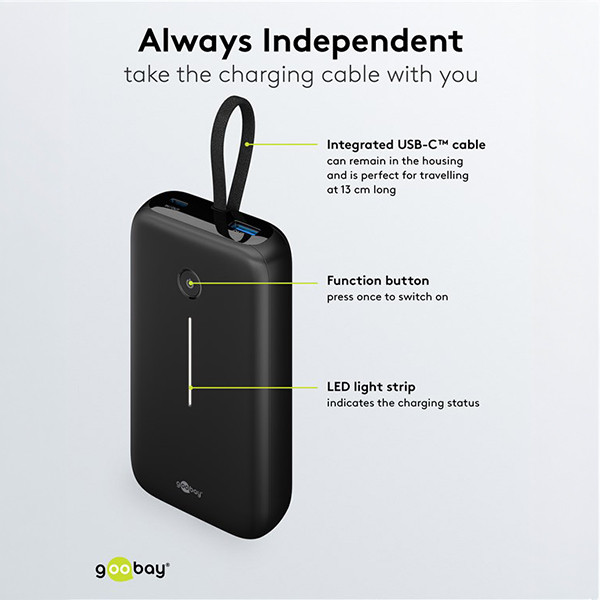 Powerbank met USB-C kabel | 20.000 mAh | 1x USB-A, 1x USB-C | Max. 30W | Zwart LDR03656 - 4